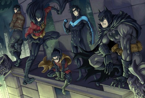  Not including the girls, the current line-up of Robins is: Nightwing - Dick Grayson, Red kap, hood - Jason Todd, Red Robin - Tim Drake, Robin - Damien Wayne.