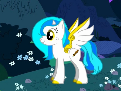  Name: Palita her extra is a boina with her cutie mark on it to sorta hide her horns. it's black, but is arco iris, arco-íris striped around the rim