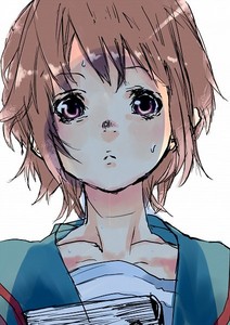  Yuki Nagato from the Melancholy of Haruhi Suzumiya! * Spoiler if 당신 haven't seen/read it yet* She's not human, she's an android that wasn't programmed with emotions.