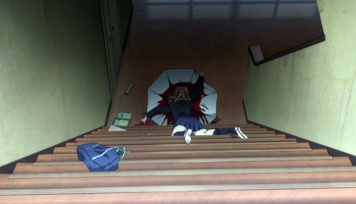 I was surprised when Sakuragi Yukari from Another died! When she was running away I thought Kouichi would run after her, but he didn't! She just slipped on the stairs and got an umbrella through the head...