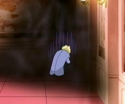  Tama-chan from Ouran does look rather depressed in this picture..he doesn't look crazy but it does have half of it..so hope this counts.