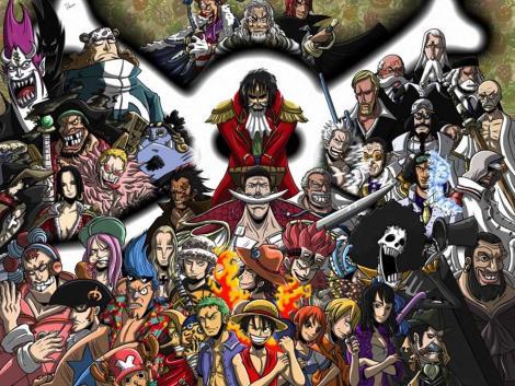  I like this one. It has all of the major characters: All the straw hats, all the supernovas, all the warlords (current and former), Ace, Whitebeard, Dragon, Garp, Smoker, Sengoku, The 3 Admirals, The 5 Elders, Rayleigh, Shanks, Buggy and last but certainly not least: Gol D. Roger in the centre of it all. Not to mention a pirate sign in the background seperating the pirates, Marines, Warlords and Roger's crew. I absolutly love this picture!