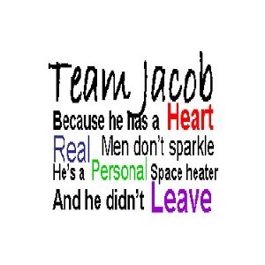 team Jacob. I don't really like Edward. 
And for all those people who think Jacob is immature, well, what do you expect? He's 16! And Edward's had, what, 107 years to work on his manners! Jeez. He's too perfect. Jacob's only human...well...-cough- yeah. 
I think Edward and Bella should go off to Alaska together because Jacob is WAY too good for Bella. But then Jacob needs to imprint. =)
more reasons in the pic