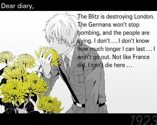 Since these are all sad I would like to see them to have them over with. Peral Harbor, France getting taken over by Germany, the blitz, and Italy joining the allies (gerita fan).

Unrelated but, I would really like to see the civil war, off subject, I know, but it interests me.

Anyway, what Iggy is saying is that he can't give up like what happaned to France (got took over) and the blitz if you don't know, was when London was engulfed in flames from bombs.