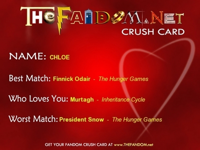  Best Match: Finnick Odair (The Hunger Games) OH YEAH! BOO YA! WOOP WOOP! Who loves you: Murtagh (Inheritance Circle) ... I have no idea who he is Worst match: President Snow