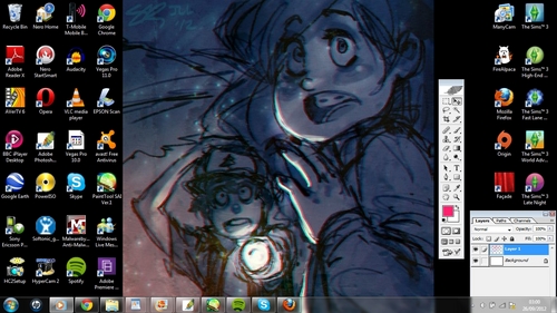  idk why my photoshop bars are up buT I have one of my 가장 좋아하는 gravity falls fanarts as my bg u ou