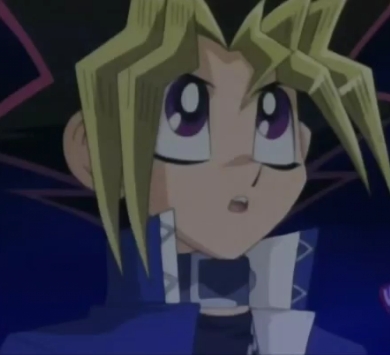  animé character with purple eyes..how about Yugi-boy from Yu-Gi-Oh!