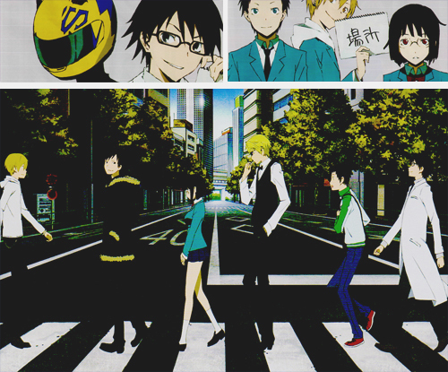  durarara! This shows that even such a simple plot can make an amazing series. <i>Summary;</i> <b>Mikado Ryuugamine has always longed for a normal life. When his best Friend Kida Masaomi invites him to Ikebukoro, Mikado fins out that everything is not what it seems.</b>