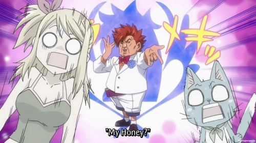 Lucy, Happy, and that "parfume" guy in Fairy Tail.