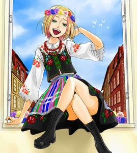  Poland. The World's best Fashion designer. oder so. There's a couple Anime scenes where he dresses as a girl like the Halloween scene. And what appears to be a Gakuen Hetalia scene (don't know what episode it is though) .