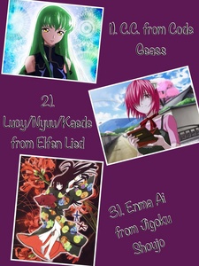  3. Enma Ai (Jigoku Shoujo) 2. Lucy/Nyuu/Kaede (Elfen Lied) 1. C.C. (Code Geass)