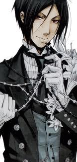  This is "Sebastian Michaelis" from Kuroshitsuji. He is a demon butler that serves Ciel under a contract that they made and in the ending episode of 흑집사 I, Sebastian turns into his demon form to protect Ciel and kill Ash (a fallen angel).