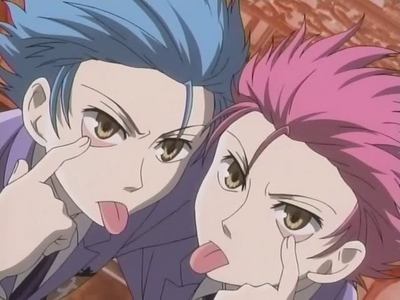  Hitachiin twins from Ouran High School Host Club. Not sure what their original hair color is for sure, but it's usually orangish-brown.