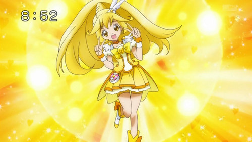  Kisa Yayoi! as transform she Introduce as Cure Peace! "Pikapika, glittering, rock, paper, scissors ♪ Cure Peace!" "ピカピカぴかりんじゃんけんポン ♪ キュアピース！" "Pikapika pikarin jankenpon ♪ Kyua Pīsu!"