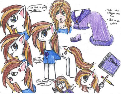  Name Stormy Sky,themare Gender female 小马 Type mare Mane & Tail 颜色 honey and brown Eye color: blueish,greenish and gray Cutie Mark brush and pencil (BRIEF) Personality: shes abit ditzy but smart who gets annoyed abit esay but is nice Hobby: drawing,music lisening,and 阅读 Picture of pony: