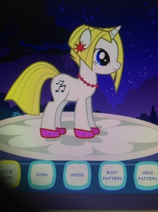 Name: Starlight Song
Gender: Female
PonyType: Unicorn
ManeandTail: Blonde
Eyes: Blue
Cutie mark: 2 music notes
Personality: Nice, sweet, loves to sing, hates dirt, and mature
Hobby: She loves to sing sad, mad, and happy songs.
Fact: (She gets scared when Score and Nikki is around her because she doesn't want them to be filled with dirt. Also, she likes using Score and Nikki as a model. (: