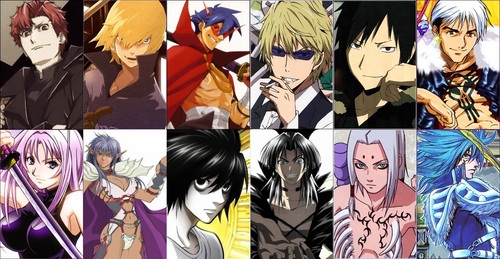  Claire Stanfield and Graham Specter from Baccano! Kamina from Gurren Lagann Shizuo Heiwajima and Izaya Orihara from दुरारारा Bunshichi Tawara and Maya Natsume from Tenjho Tenge Arshes Nei from Bastard!! एल from Death Note Creed Diskenth from Black Cat Kimimaro from नारूटो Sieg Hart from Rave I couldn't help myself XD
