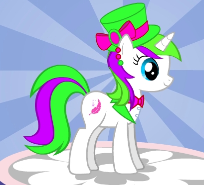 Name: The Madd Hatter (as a girl)
Cutie Mark: A pink Feather with sparkles 
Personality: A bit crazy at times, friendly, not always trust worthy but very loyal, 
Works: At a tea shop in Ponyville, 
Fears: confined spaces and bones
Facts: Loves tea, never takes her hat off and always wears a bow tie, loves pinkie pies cupcakes 

I know its not very original so I have another pony you can use if you want. I will have to describe her. 

Name: Peppermint (Unicorn)
Mane and Tail: Main color is a cherry red the other is a lime green
Eye color: sky blue
Skin: White with freckles around her nose
Cutie Mark: Two candy canes
Personality: Kind, Honest, always there for a helping hand, shy 
Work: At a candy shop with her mom Holly (You can use her mom if you want as well)
Fears: heights and getting kidnapped
Facts: She loves to make candy canes, has a craving for cotton candy ice cream, very sensitive,

Hope this helps! :)