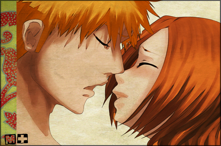  It's close enough to a kiss, right? lol link http://images5.fanpop.com/image/photos/30300000/Ichigo-and-Orihime-ichigo-and-orihime-30308842-1488-988.jpg I got it from here so i don't know who drew it lol