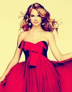 Taylor Swift in red.:}