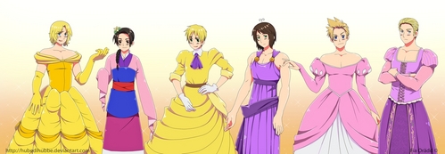  HETALIAXDISNEY PRINCESSES 4EVAAA Their all dressed up as a disney princess from themself :3
