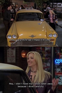  Friends, Phoebe and Ross hop in a taxi that is owned por Phoebe. :)