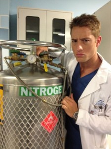  Justin, being a bit silly while shooting "Emily Owens, M.D." (it's a bit small, but the name of the hospital they're working for in the series can be read on his coat)