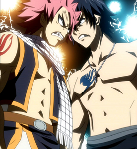 Hmmm... For me I have two favourite characters, it's
Natsu Dragneel and Gray Fullbuster :)
Natsu Dragneel: I love his caring attitude towards his nakama (friends) and the guild. If someone hurts the guild and his nakama, he will show no mercy and go all out, fighting that person until they get what they deserve, defeat! I love his fighting passion, always picking a fight with anyone, and his friendly rivalry with Gray ^.^ .
I love Natsu's Fire Dragon Slayer Magic. I also love his pink badass hair, he's like the only boy in the anime universe, who can look awesomely smexy with rosey pink hair ^-^
Gray Fullbuster: because he's a really caring person, worrying about his nakama, at times (especially Juvia :) He also respects the guild and his guildmate maybe... maybe not... when Gray, Natsu and mostly everyone in the guild fights like wild animals, but thats with I like :) I love his stripping habit, its really funny <3 and unusual.
I love his Ice-Make Magic its really beautiful, and I also love Gray's cute boxers ^.^