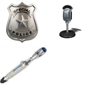 The Cop's badge is for all the TV cops that I like (Fernando, Alex, Tom, The owners of Rex...)
The microphone is for Tom and for Sakis
And the sonic screwdriver is for Matt, of course
