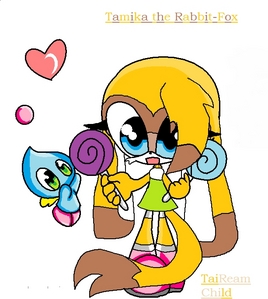  Name: Tamika Age: 10-11 Gender: Female Description: (Picture) Occupation: Chao-Sitter Hero o Villain: She's neutral but in terms of war she's hero Likes: Shi-Shi (Her chao), Groups of Chao, Bunnies (i.e pictures), Chocolate, Softdrink, Chao-Sitting, Her parents, marshmallows and helping people. Dislikes: Man-Man (Anti Shi-Shi), Big dogs, Dark chocolate, manzana, apple pie, Her uncle and funerals. Personality: Bubbly, quirky, kind and friendly. Weapon/s: She has a small dagger... Magic: She can summon groups of chao on command, if that's gonna be useful at all.... (Shi-Shi is the chao in the picture.)