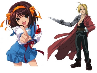 My favorite anime female and male anime character..my favorite female character is Haru-chan from The Melancholy of Haruhi Suzumiiya and my favorite male anime character is Ed from Fullmetal Alchemist and since there are no pictures I can find with them together-I made one myself and here it is!