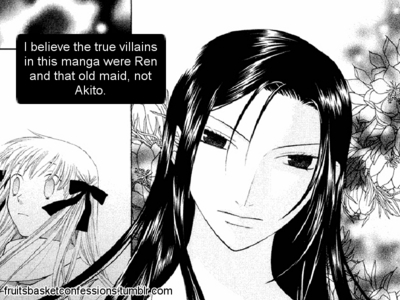 I don't have any least favorite except,
Ren Sohma. -.-
Not even least favorite, I hate her.
[b](Spoilers)[/b]
She was a selfish and attention seeking person. And also, I think the way Akito became was mostly her and their maids' fault. She gave Akito nothing but hatred and that's why Akito wanted to seek attention. Hence, she became more twisted while competing with Ren. I mean, come on! How can a mother be such a person?!