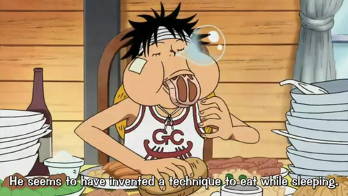  monkey.d.luffy..........(One piece)........... he always think abt chakula even when he is asleep.....this scen always crack me up...........heh eh eh