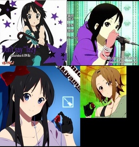  K-on!! ed1 dont say lazy one on mio's right arm ed2 listen one on mio's left hand and another on ritsu's right hand ed3 no thank 你 both mio's hands have gloves (has pearls on right glove)