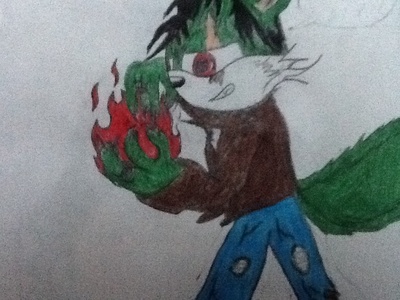 Personality-adventurous 
pose-surprise me
background-a forest
 Age-18
Name- Echo Storm Wolf colors and fashion- trench coat, ripped jeans scare over his right eye, red eyes, muscular, scars on his body green fur, black hair, three tails, and if you can put a cigaret or a toothpick           