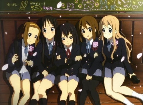  this Frage yet again but same answer: K-on!! cute characters,great friendship and awesome music!! that Anime is only reason why i started to play gitarre in the first place!! and it will be forever my favorite~!! XD (pic.) 2nd fave:Black ★ Rock Shooter!! so Epic! 3rd: Hayate no Gotoku & Azumanga Daioh (its a tie?!) etc...