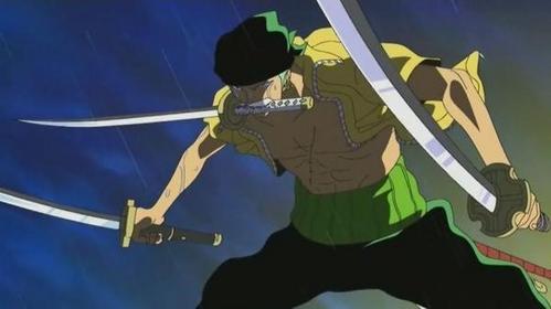  Roronoa zoro (One Piece) He is a 3 swords style swordsman.......& he wields 3 ancient legendary swords........ 1) Wadō Ichimonji 2)Shuusui 3)Yubashiri and before he get yubashiri he used another legendary katana Sandai Kitetsu............. he is a real master swordsman........he heh ehe