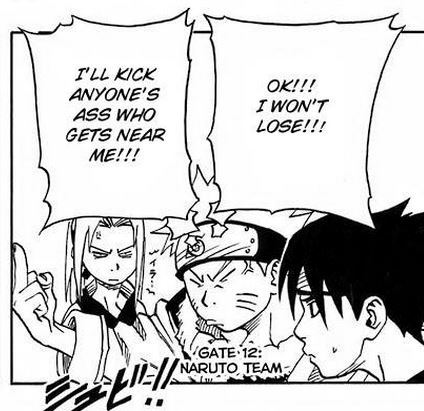 Naruto flipping off the other teams in the chunin exams ;P

The manga always gets away with more than the anime does..