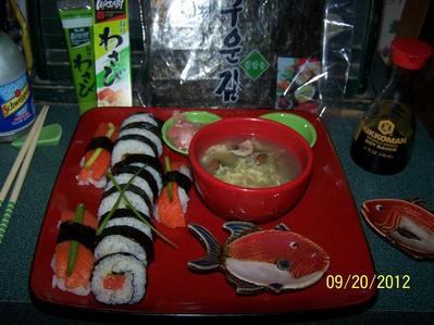  I Любовь sushi, and I make my own now. Maki sake, sake nigiri, and sake sashimi!!!! I Любовь the trimmings too YAKI NORI, GARI, WASABI PASTE & SOJU