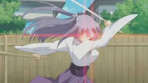  Miya from Sekirei Miya uses a wooden sword when practicing , but when she is actually serious about fighting she switches to a real katana . In this picture she is using both her wooden sword and Katana .