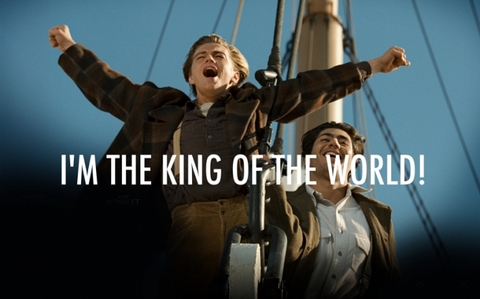 Jack Dawson aka The King of The World,played by Leonardo DiCaprio from Titanic with his arms out<3
