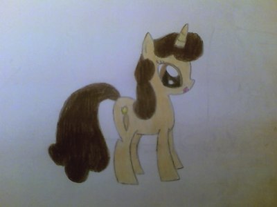 Can you draw my OC Coffee Creme? She has normal white skin and her hair is like Bon Bon but dark brown. Can she be wearing a brown dress with a bow on the top and two straps? Sorry if it is too hard. You don't have to draw it. By the way, her cutie mark is an ink feather pen and a book.