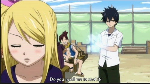 yes, of course. Lucy was blushed when Gemini said that Hray like her. And she was blushed when Gray ask "Do you want me to cool it?" at episode Next Generation. And, Lucy ask for help from Gray when her clothes burnt by Natsu. Haha