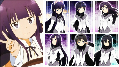 [b]Aoi Yamada[/b] from Working!! has dark purple hair in a similar haircut to Ririchiyo. (left picture)

The girls in the right image have black or [b]black-purple[/b] hair as well.
From left to right starting from the first row: [b]Hazuki[/b] (Tsukuyomi: Moon Phase), [b]Ruri Gokou[/b] (Ore no Imouto), Aoi Yamada (Working!!), [b]Zange[/b] (Hannagi: Crazy Shrine Maidens), Homura Akemi (Puella Magi Madoka Magica), Azusa Nakano (K-ON!).