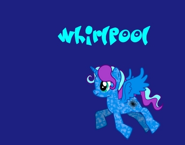 My OC is named Whirlpool and is the princess of Aquastria. It's hard to describe her but heres a pic I made on the pony creator game. I just wanted a better looking version of it lol.