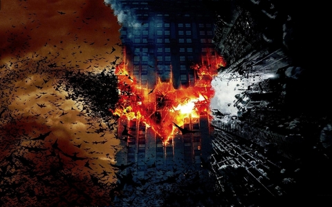 The Dark Knight trilogy. Not the official movie poster, a দেওয়ালপত্র resembling all three চলচ্চিত্র and the villains.