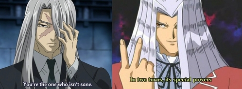  Byaku from Kekkaishi and Peggy J. Crawford from Yu-Gi-Oh! both have grey/silver-ish hair covering one eye,both were a villain once in their designated anime series and both are wearing some type of tie if that counts :p