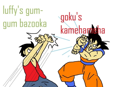  luffy's gum gum バズーカ form resemble's goku's kamehameha[ i don't know how to combine pictures so i rushed drawing it on the computer]