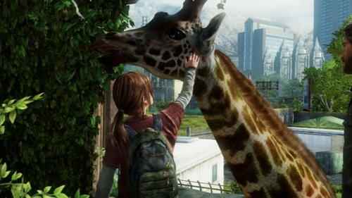  Ellie petting a giraffe. I chose it because....she is one of my 가장 좋아하는 video game characters.