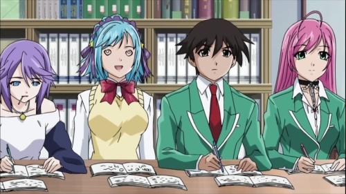  In Rosario Vampire, Tsukune's ho- err, I mean, Tsukune's دوستوں always protect him. But I don't have a pic, so here's them studying.
